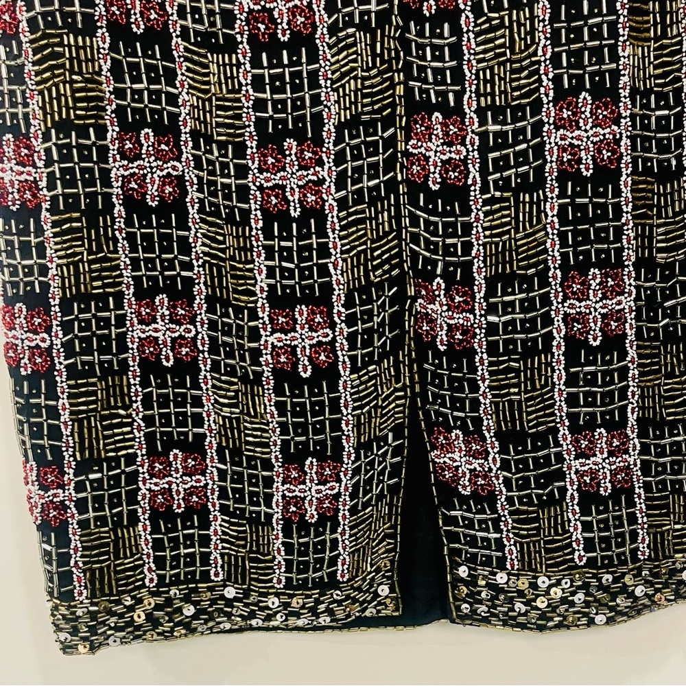 Vintage Silk Beaded Black Red Gold Geometric Pattern Mini Dress Small - Picture 7 of 10